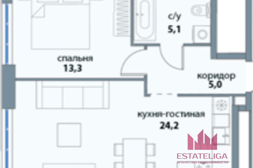 Продаётся 1-комнатная квартира, 47.6 м²