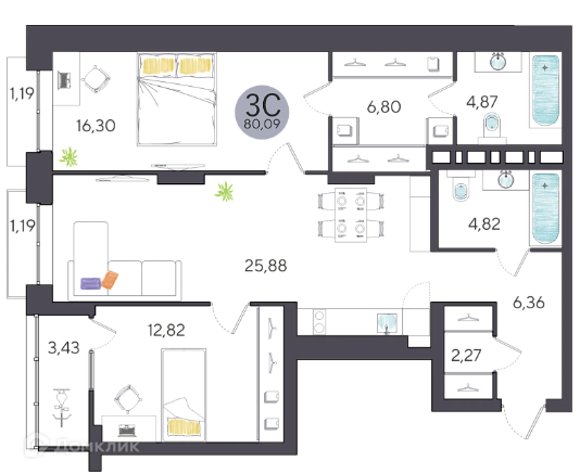 Продаётся 3-комнатная квартира, 80.09 м²