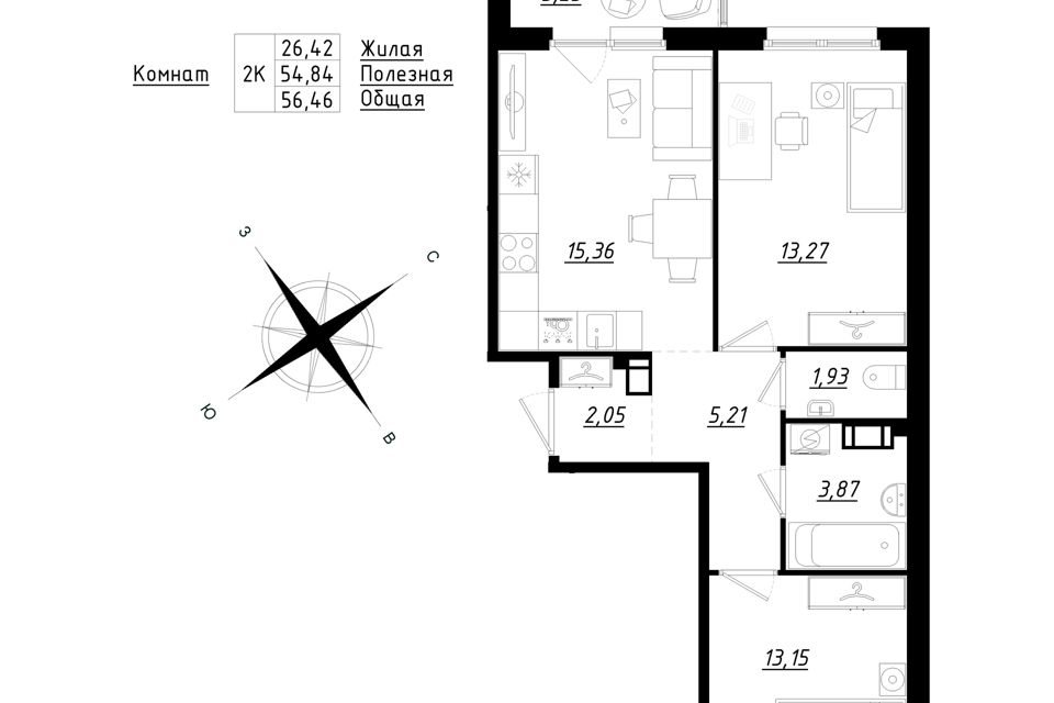 Продаётся 2-комнатная квартира, 56.71 м²