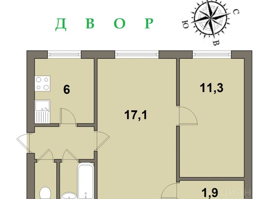 Продаётся 2-комнатная квартира, 43 м²