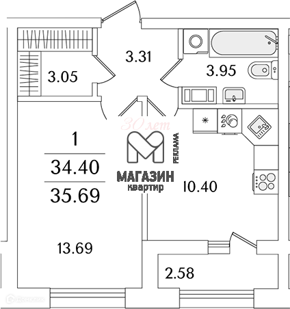 Продаётся 1-комнатная квартира, 35.69 м²