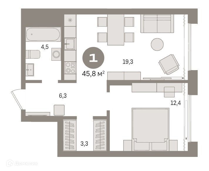 Продаётся 1-комнатная квартира, 45.8 м²