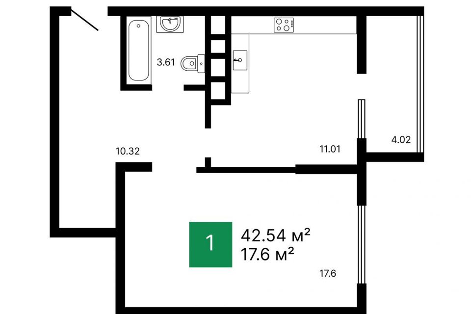 Продаётся 1-комнатная квартира, 42.54 м²