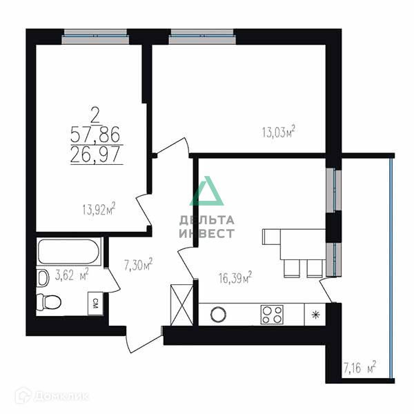 Продаётся 3-комнатная квартира, 57.8 м²
