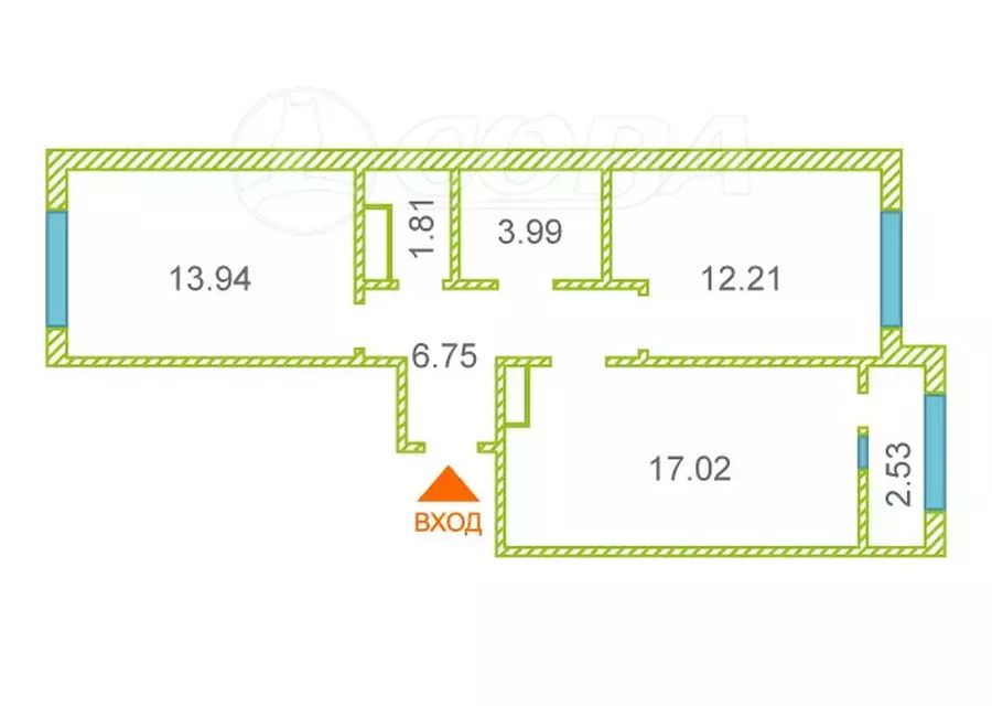 Продаётся 2-комнатная квартира, 55.8 м²