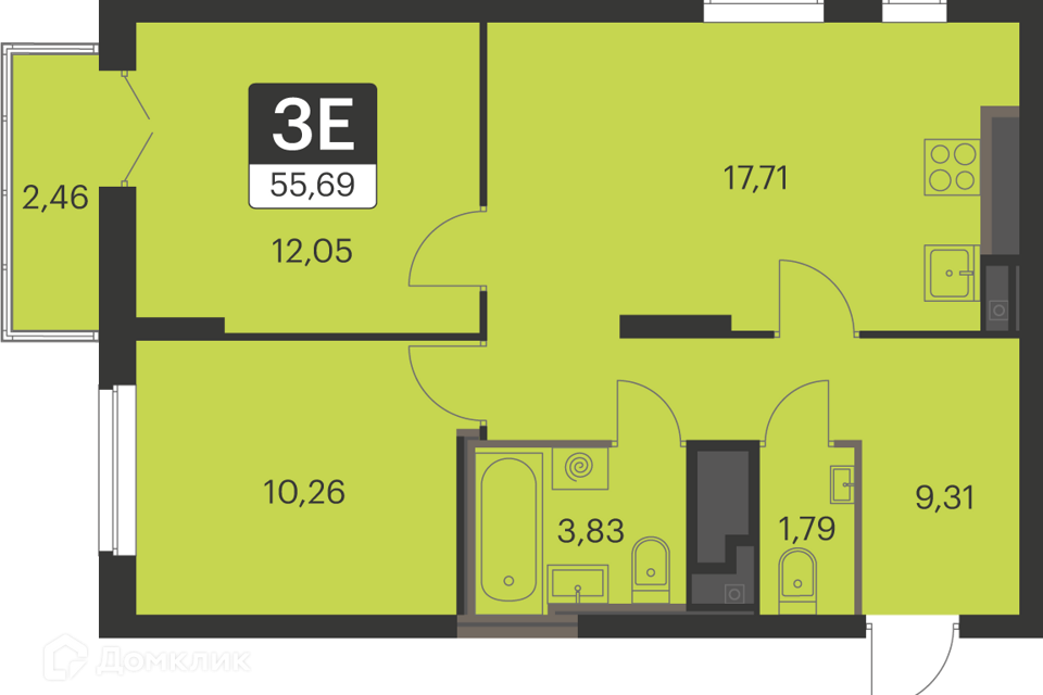 Продаётся 2-комнатная квартира, 55.4 м²