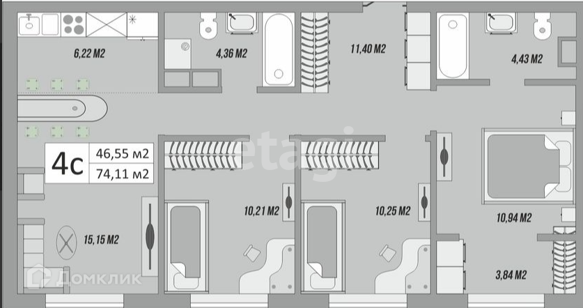 Продаётся 3-комнатная квартира, 74.11 м²