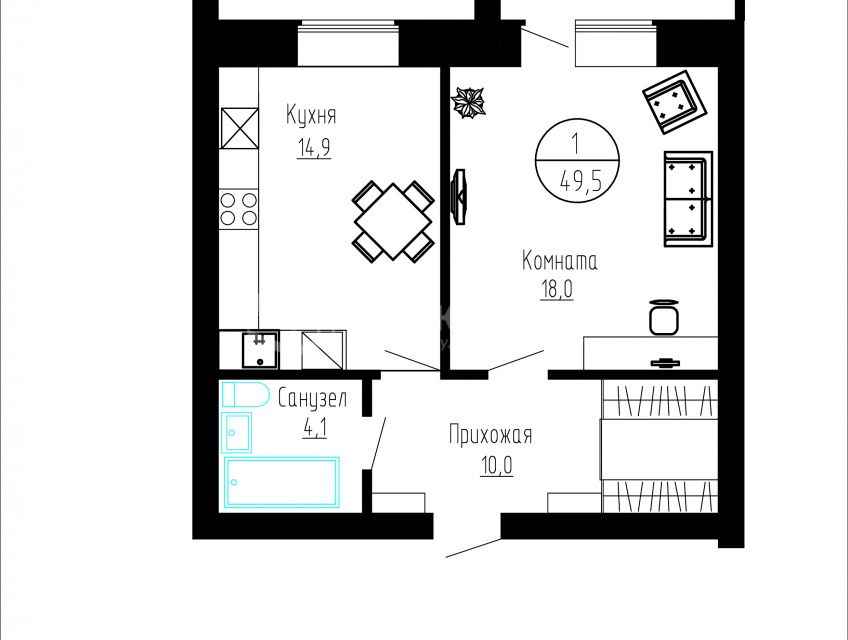 Продаётся 1-комнатная квартира, 41.3 м²