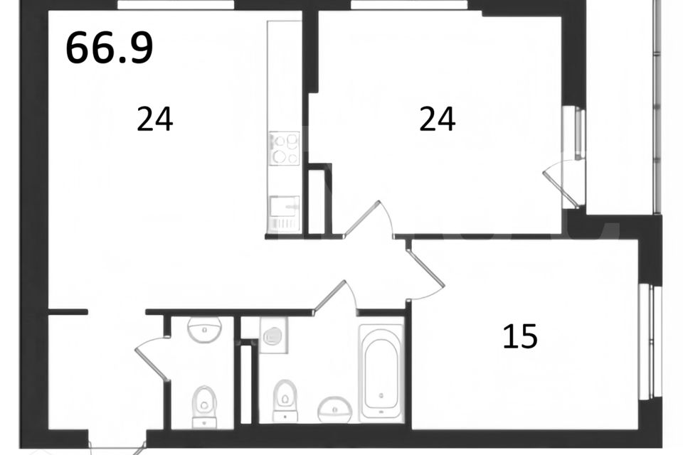 Продаётся 2-комнатная квартира, 66.9 м²