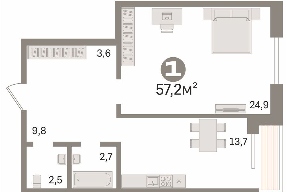 Продаётся 2-комнатная квартира, 57.2 м²