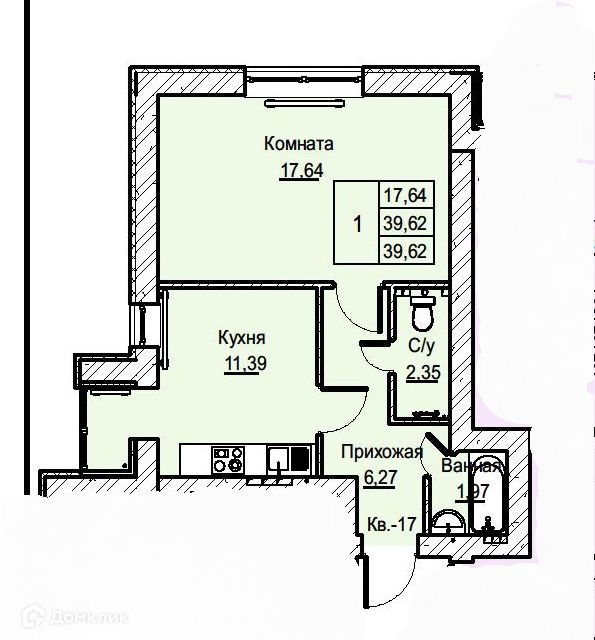 Продаётся 1-комнатная квартира, 39.9 м²