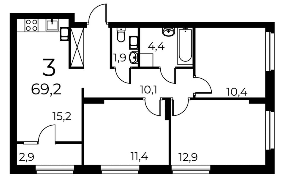 Продаётся 3-комнатная квартира, 69.3 м²