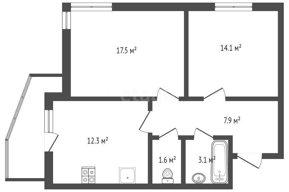 Продаётся 2-комнатная квартира, 59.2 м²