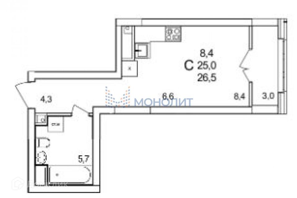 Продаётся 1-комнатная квартира, 26.5 м²