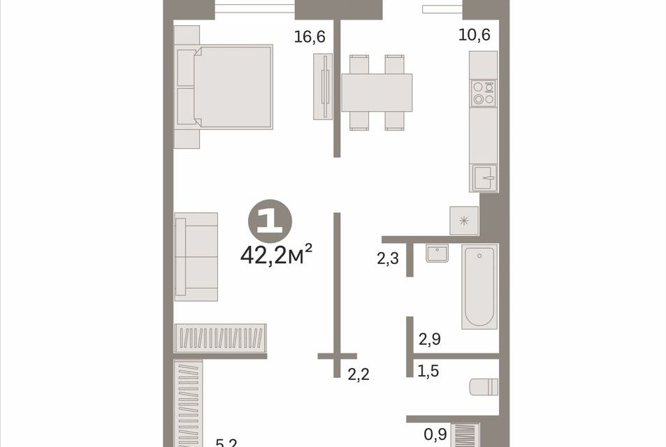 Продаётся 1-комнатная квартира, 42.2 м²