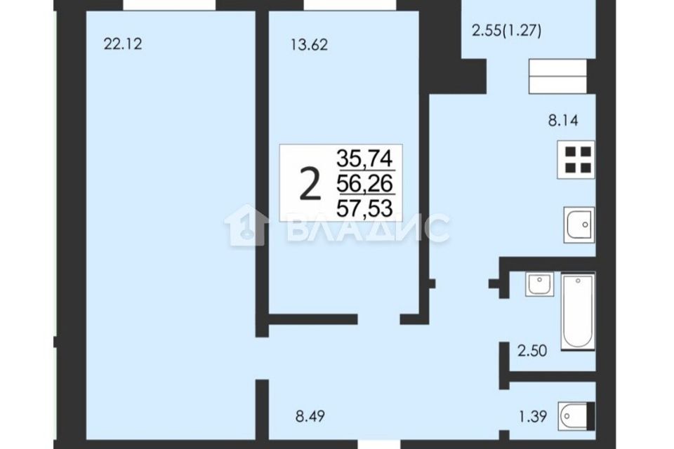 Продаётся 2-комнатная квартира, 57.53 м²