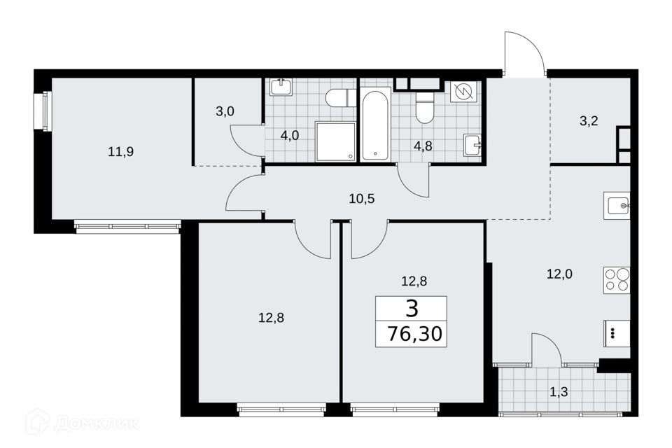 Продаётся 3-комнатная квартира, 76.3 м²