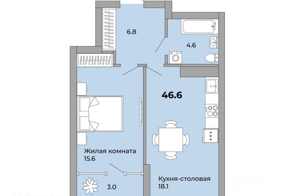 Продаётся 1-комнатная квартира, 47.4 м²