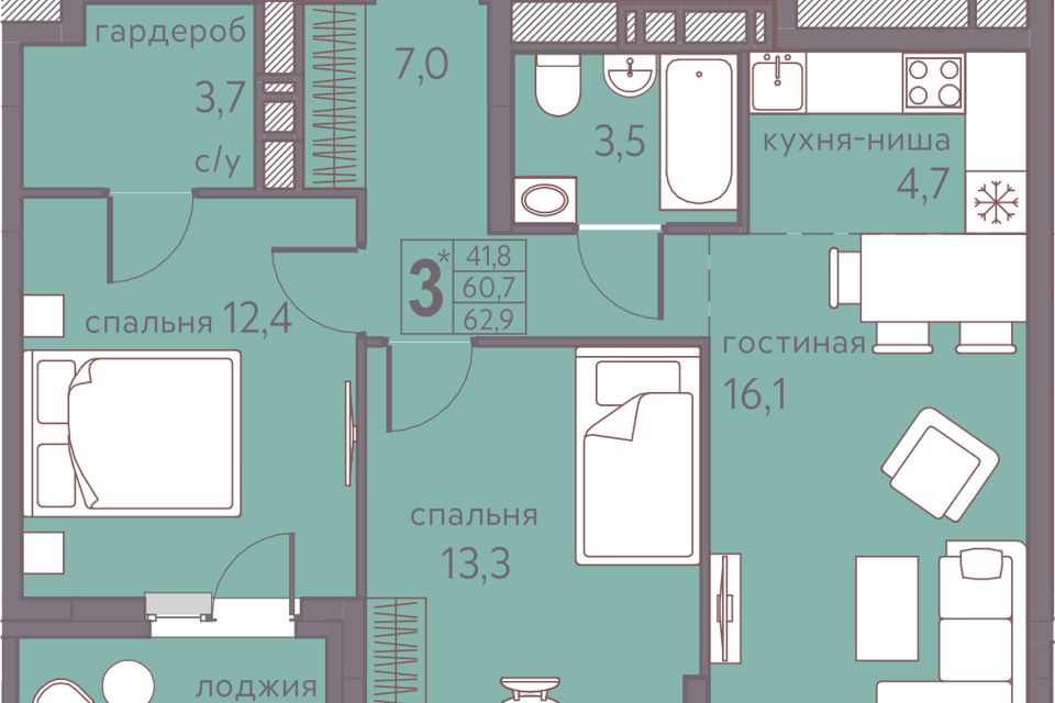 Продаётся 3-комнатная квартира, 62.9 м²