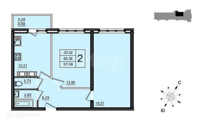 Продаётся 2-комнатная квартира, 56.8 м²