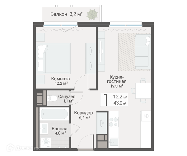 Продаётся 1-комнатная квартира, 43 м²