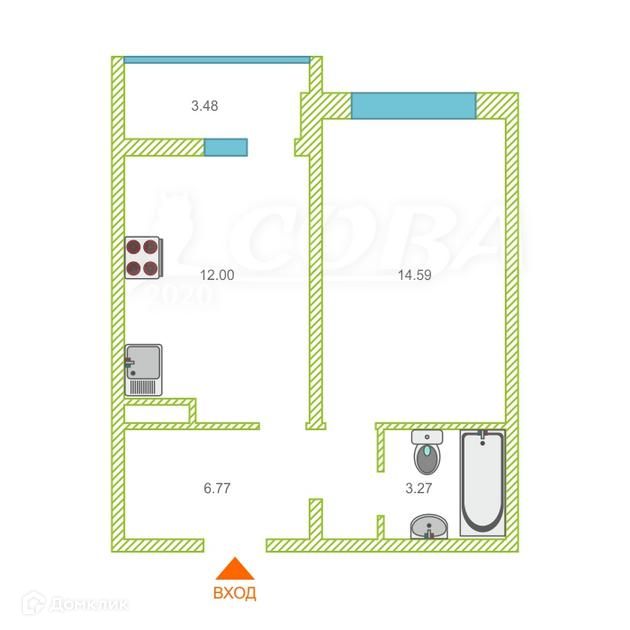 Продаётся 1-комнатная квартира, 38.3 м²