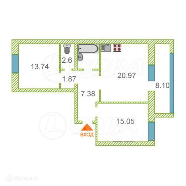 Продаётся 2-комнатная квартира, 66 м²