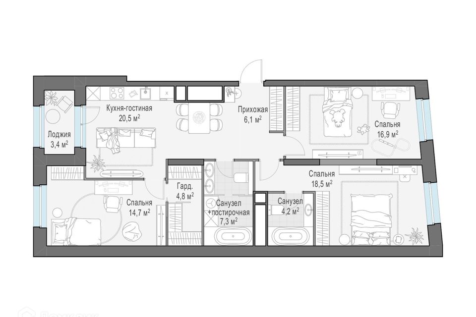 Продаётся 3-комнатная квартира, 95.5 м²