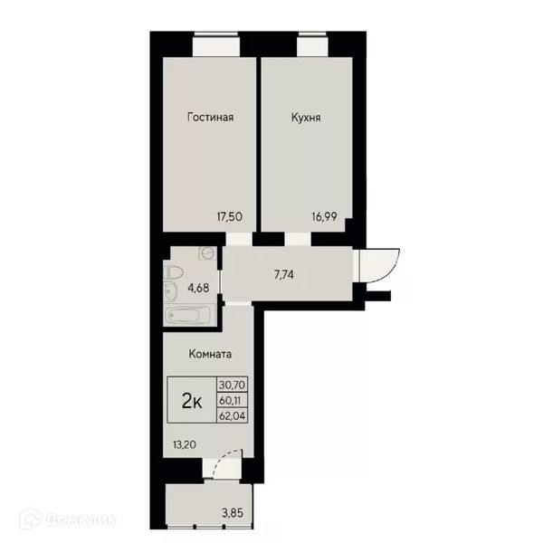 Продаётся 2-комнатная квартира, 61.3 м²