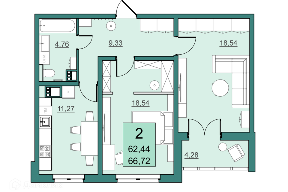 Продаётся 2-комнатная квартира, 62.44 м²