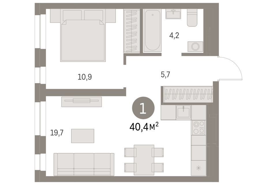 Продаётся 1-комнатная квартира, 40.42 м²