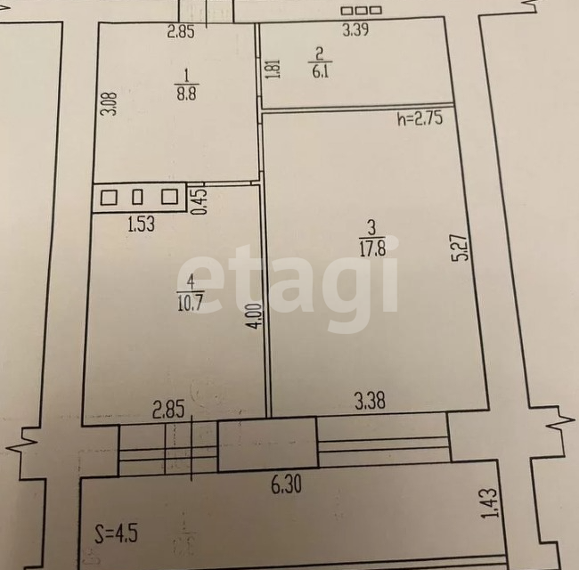 Продаётся 1-комнатная квартира, 44 м²