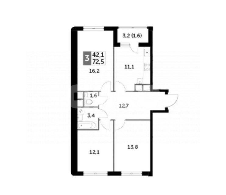 Продаётся 3-комнатная квартира, 72.5 м²