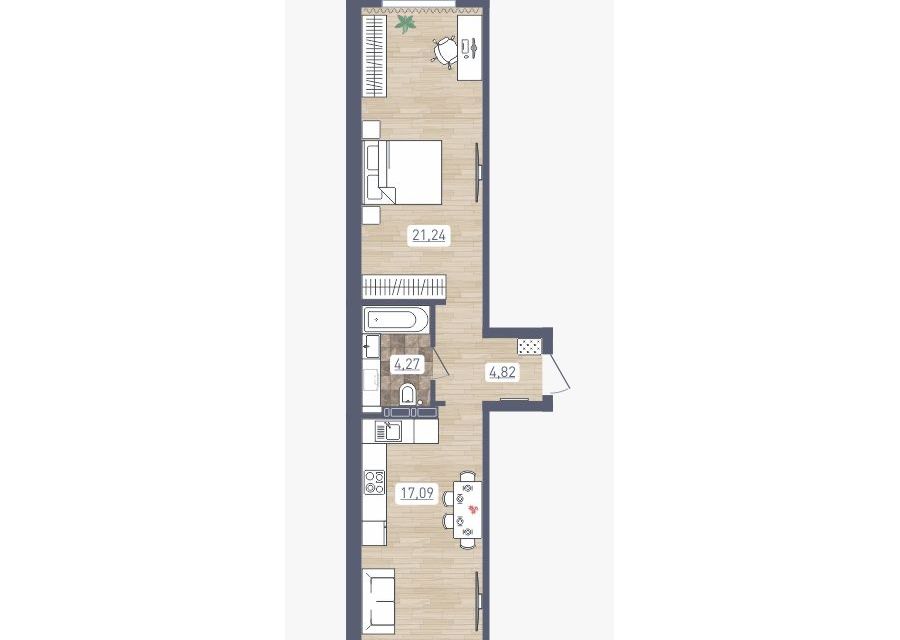 Продаётся 1-комнатная квартира, 48.95 м²