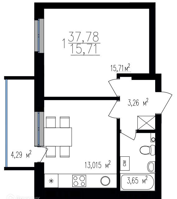 Продаётся 1-комнатная квартира, 37.78 м²