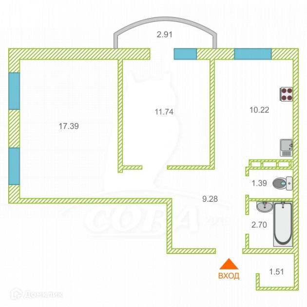 Продаётся 2-комнатная квартира, 52.5 м²