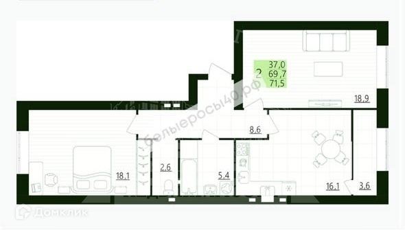 Продаётся 2-комнатная квартира, 69.7 м²