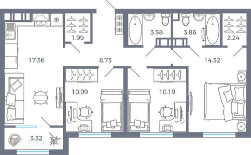 Продаётся 3-комнатная квартира, 75.5 м²