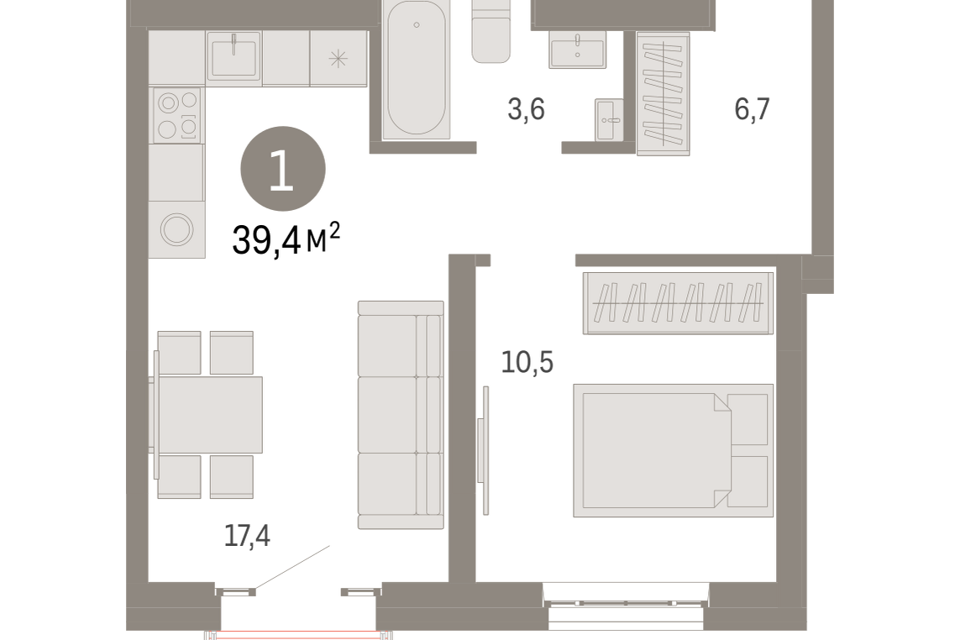 Продаётся 1-комнатная квартира, 39.4 м²