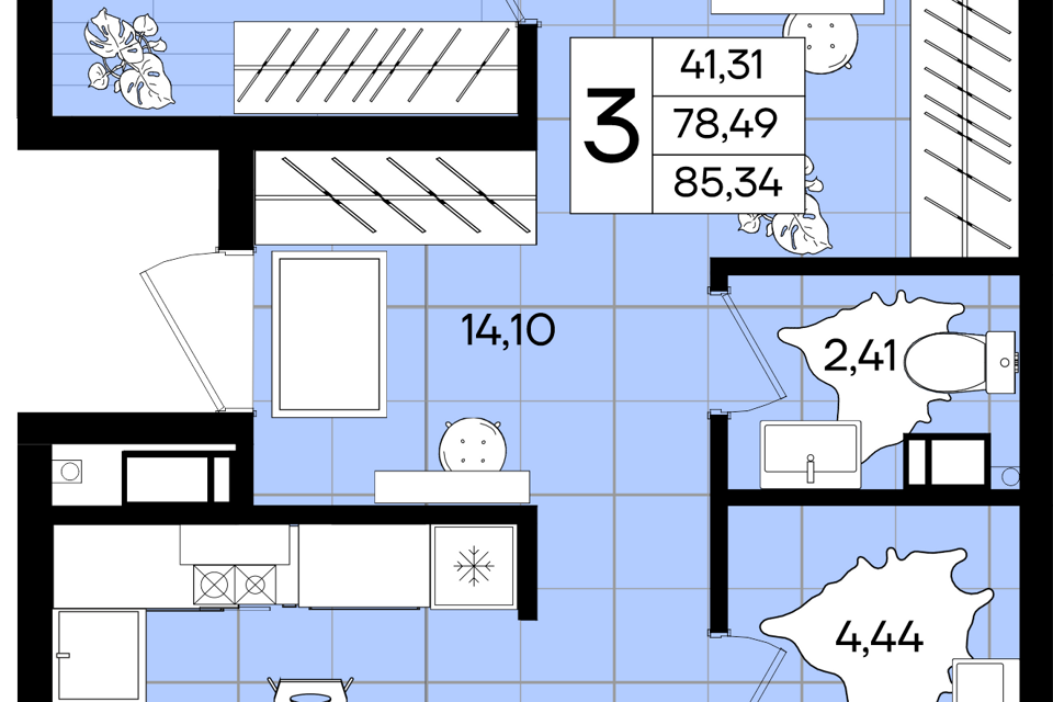 Продаётся 3-комнатная квартира, 85.34 м²