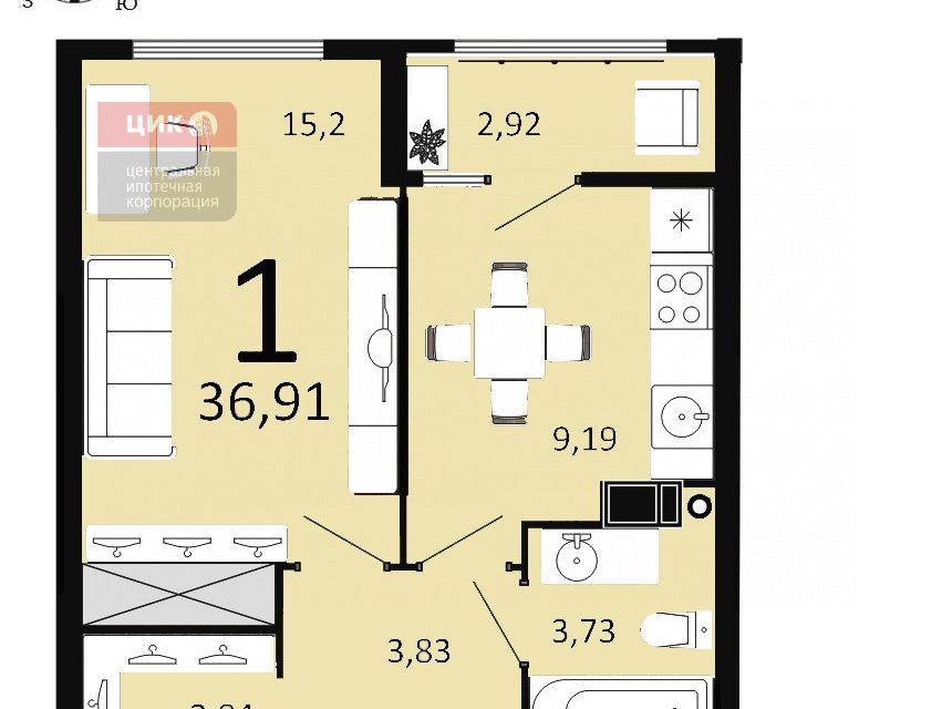 Продаётся 1-комнатная квартира, 36.91 м²