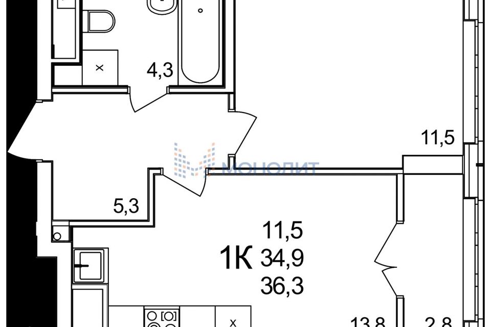 Продаётся 1-комнатная квартира, 36.3 м²