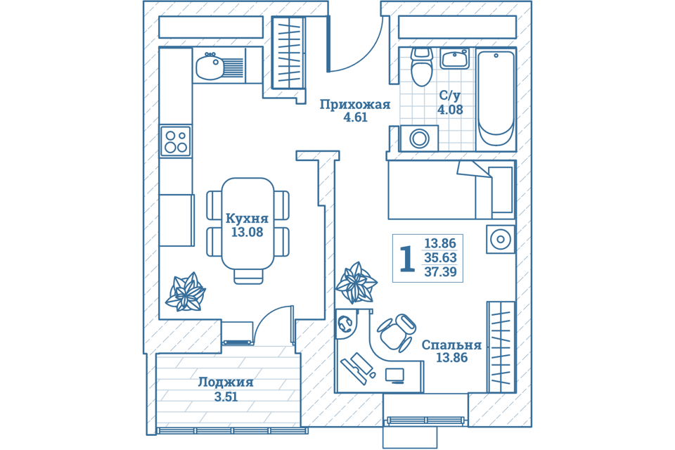 Продаётся 1-комнатная квартира, 37.6 м²
