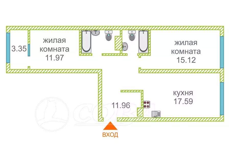 Продаётся 2-комнатная квартира, 65.1 м²