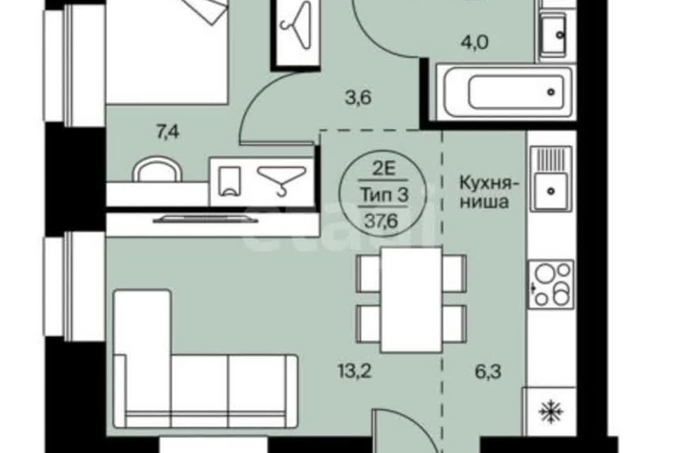 Продаётся 1-комнатная квартира, 37.6 м²