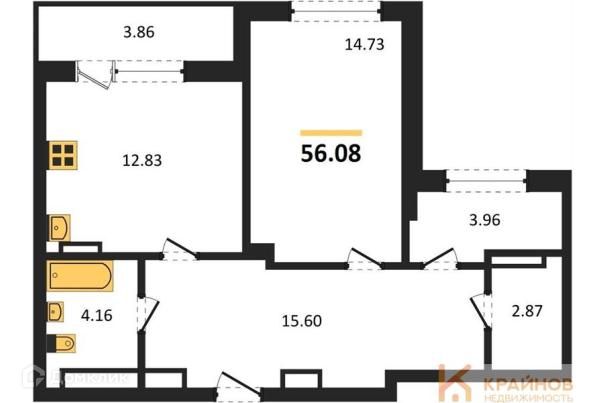 Продаётся 1-комнатная квартира, 56.08 м²