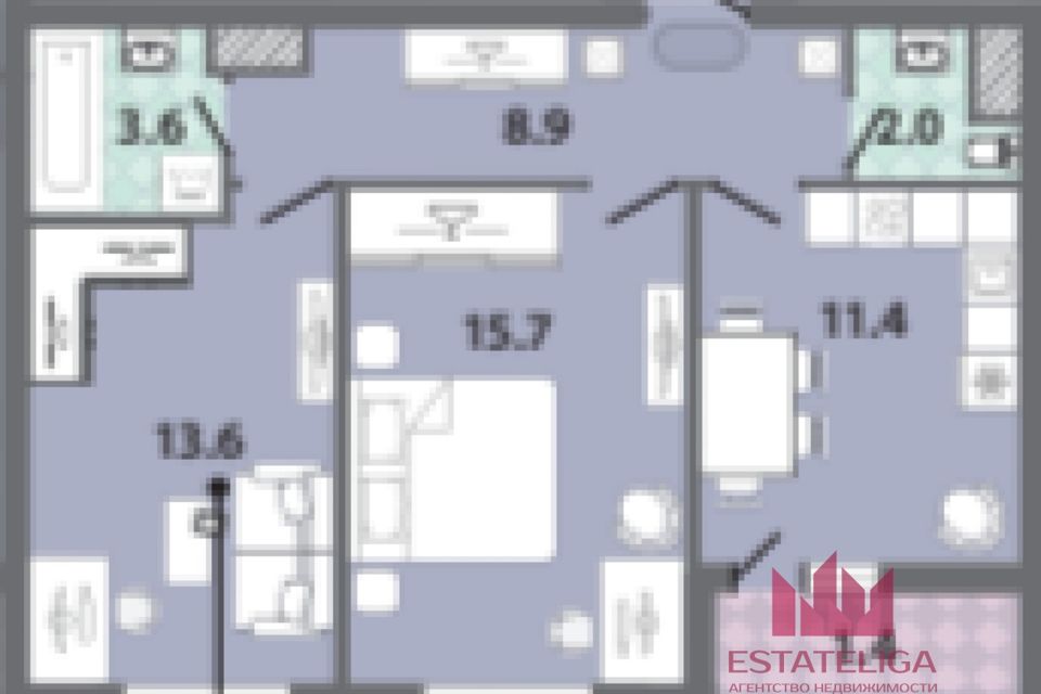 Продаётся 2-комнатная квартира, 55.2 м²