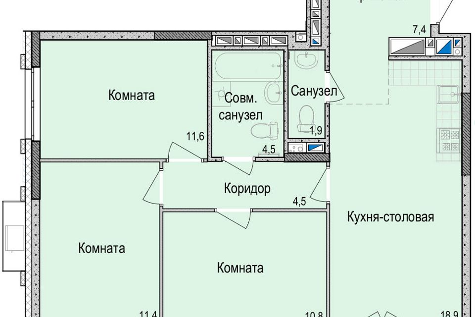Продаётся 3-комнатная квартира, 72.1 м²