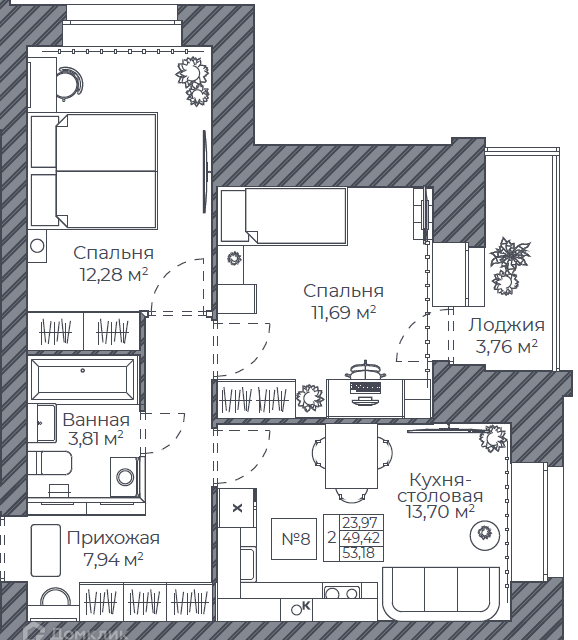 Продаётся 2-комнатная квартира, 53.18 м²