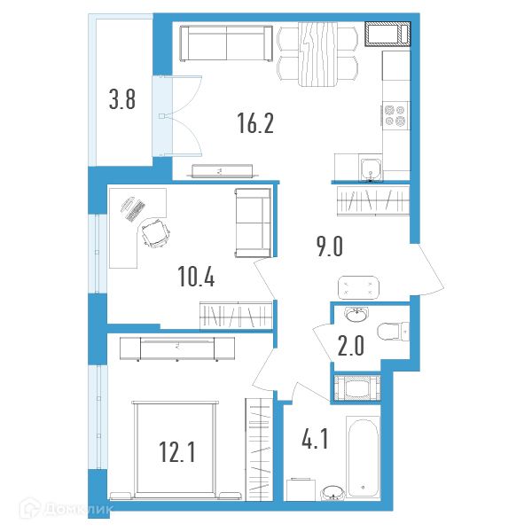 Продаётся 2-комнатная квартира, 55.7 м²